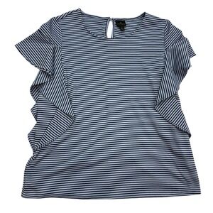 Worthington Ruffle Side Top Women Large Blue Striped Short Sleeve Knit Blouse